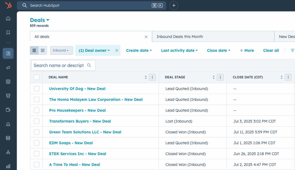 Several deals listed by name with their deal stages and close dates