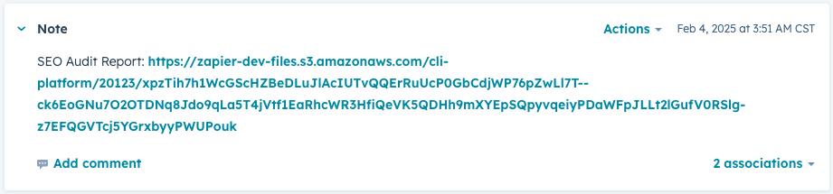 Note on the HubSpot contact record reading, SEO Audit Report and then the Zapier link.
