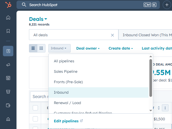 Dropdown on the deals view to filter by pipeline: all pipelines, sales pipeline, fronts, inbound, renewal.