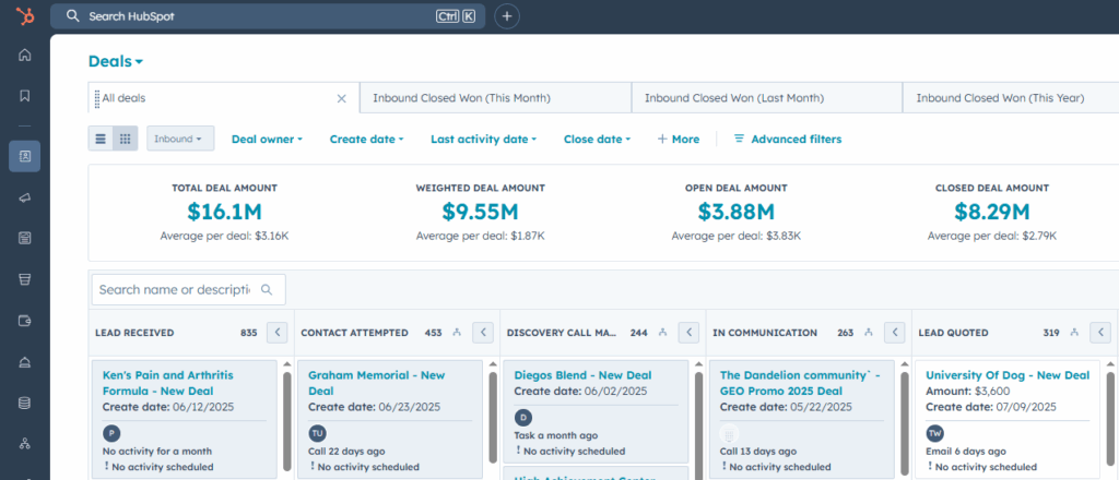 HubSpot deals board view with deals split into columns by their deal stage