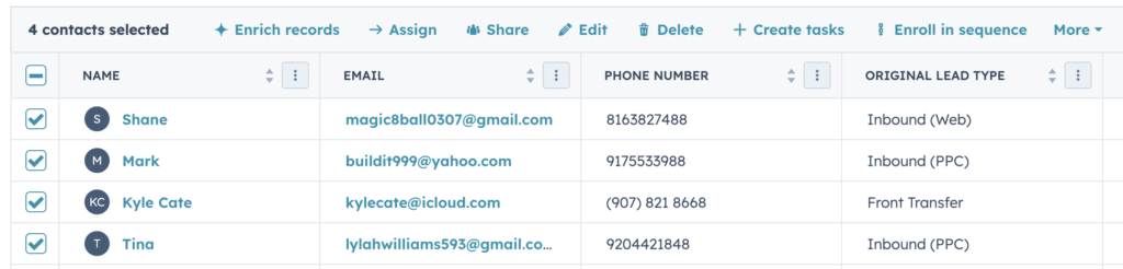 HubSpot contact view with 4 contacts selected to bulk enroll in a sequence