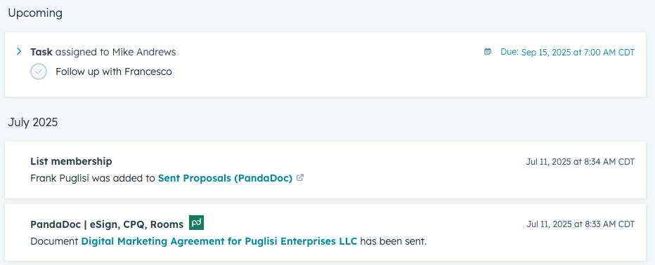 Contact activities and overview showing a proposal has been sent and there is an upcoming future task