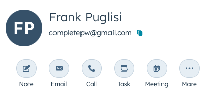 Frank Puglisi's contact record with CTAs: note, email, call, task, meeting, and more
