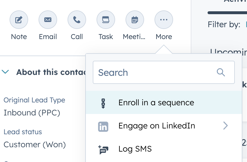 Highlighting when you click the "More" CTA, you can enroll a contact in a sequence