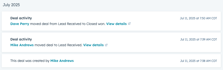 Deal activities and overview showing a deal was created, moved to "lead received," and then moved to "closed won."