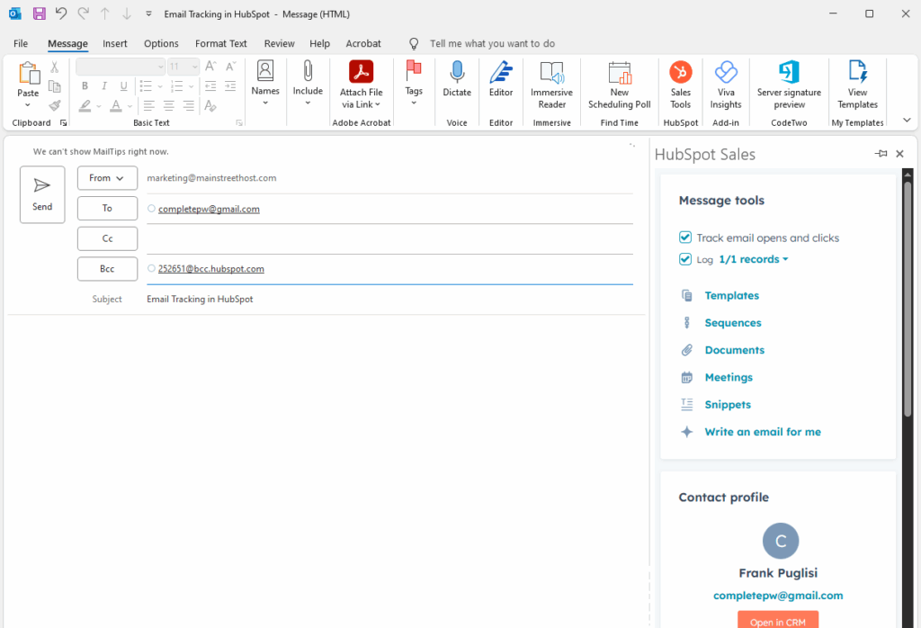 Composing an email in Outlook with the HubSpot Sales tool open on the contact Frank Puglisi and checked boxes for "track email opens and clicks" and "log one of one records." There is also the option to utilize HubSpot templates and sequences.