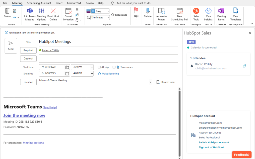 Scheduling a meeting in outlook with the HubSpot Sales tool open and the correct contact selected