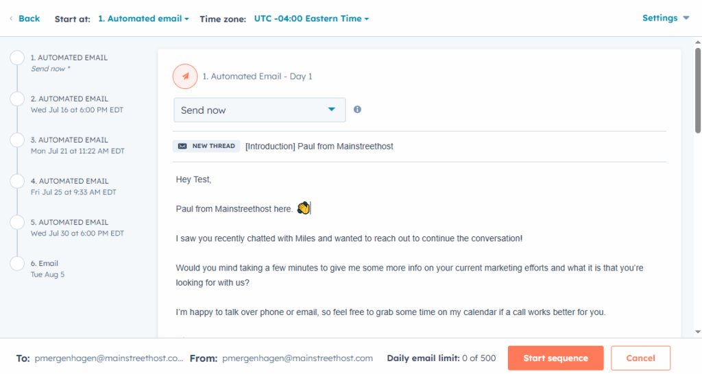 The first email in a sequence open for review so one can make any adjustments or add personalization. The other emails in the sequence are accessible from the left side navigation.
